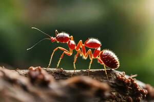 ein rot Ameise ist Stehen auf ein Ast. KI-generiert foto