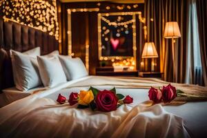 ein Bett mit Rosen und ein Lampe im das Hintergrund. KI-generiert foto