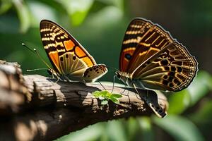 zwei Schmetterlinge sind Sitzung auf ein Ast. KI-generiert foto