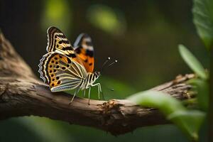 ein Schmetterling ist Sitzung auf ein Ast im das Wald. KI-generiert foto