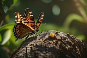 ein Schmetterling ist Sitzung auf ein Baum Stumpf. KI-generiert foto