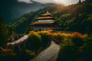 ein Chinesisch Tempel im das Berge mit ein Brücke. KI-generiert foto