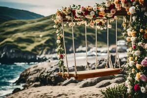 ein schwingen auf das Strand mit Blumen. KI-generiert foto