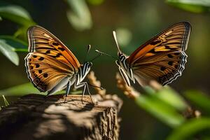 zwei Schmetterlinge sind Sitzung auf ein Protokoll. KI-generiert foto