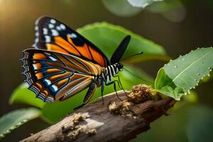 ein Schmetterling mit Orange und schwarz Flügel ist Sitzung auf ein Ast. KI-generiert foto