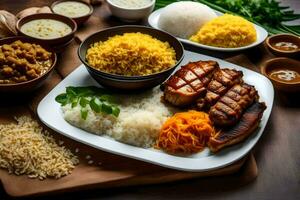 ein Teller von Essen mit Reis, Fleisch und Gemüse. KI-generiert foto