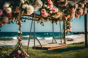 das Hochzeit Zeremonie war gehaltenen auf das Strand. KI-generiert foto