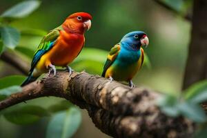 zwei bunt Vögel Sitzung auf ein Ast. KI-generiert foto