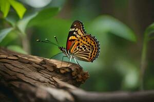 ein Schmetterling ist Sitzung auf ein Baum Ast. KI-generiert foto