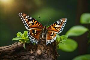 ein Schmetterling ist Sitzung auf ein Baum Ast. KI-generiert foto