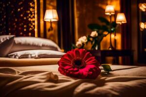 ein rot Blume sitzt auf ein Bett im ein Zimmer. KI-generiert foto