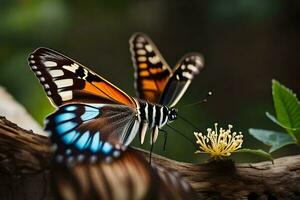 ein Schmetterling mit Blau und Orange Flügel ist Sitzung auf ein Ast. KI-generiert foto