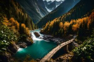 ein Brücke Über ein Fluss im das Berge mit Bäume und Wasserfälle. KI-generiert foto