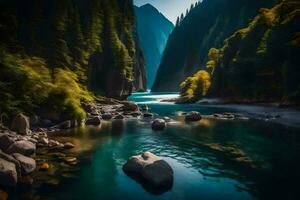 ein Fluss im das Berge mit Felsen und Bäume. KI-generiert foto