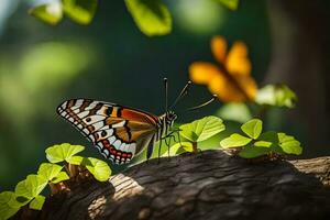 ein Schmetterling ist Sitzung auf ein Baum Ast. KI-generiert foto