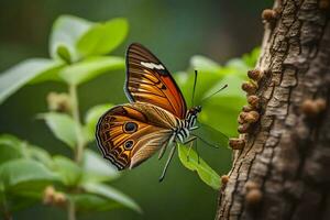 ein Schmetterling ist Sitzung auf ein Baum Stamm. KI-generiert foto