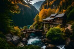 ein Haus sitzt auf ein Brücke Über ein Fluss im das Berge. KI-generiert foto