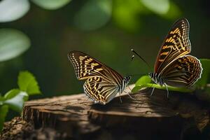 zwei Schmetterlinge sind Sitzung auf ein Protokoll. KI-generiert foto