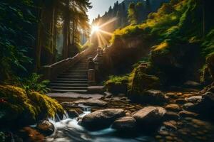 ein Wasserfall und Treppe führen zu das Sonne. KI-generiert foto