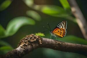 ein Schmetterling sitzt auf ein Ast im das Wald. KI-generiert foto