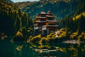 ein schön Chinesisch Tempel ist reflektiert im das Wasser. KI-generiert foto