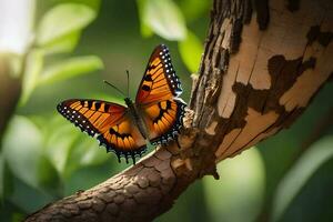 ein Schmetterling ist Sitzung auf ein Baum Ast. KI-generiert foto