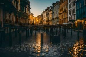 ein Stadt Straße beim Dämmerung mit ein Brücke und Gebäude. KI-generiert foto