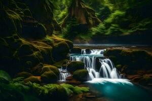 ein Wasserfall im das Mitte von ein Wald. KI-generiert foto