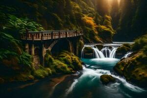 ein Brücke Über ein Fluss mit Wasser fließend durch Es. KI-generiert foto