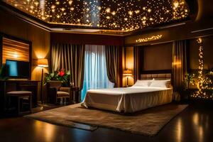 ein Schlafzimmer mit ein Star Decke und ein Bett. KI-generiert foto
