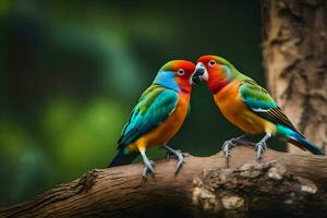 zwei bunt Vögel Sitzung auf ein Ast. KI-generiert foto