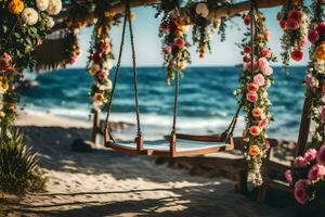 ein Strand Hochzeit mit ein schwingen. KI-generiert foto