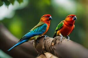 zwei bunt Vögel Sitzung auf ein Ast. KI-generiert foto