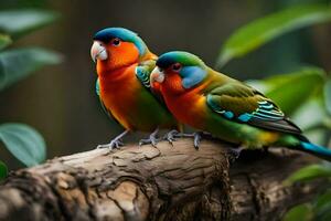 zwei bunt Vögel Sitzung auf ein Ast. KI-generiert foto