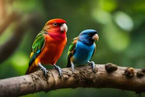 zwei bunt Vögel Sitzung auf ein Ast. KI-generiert foto