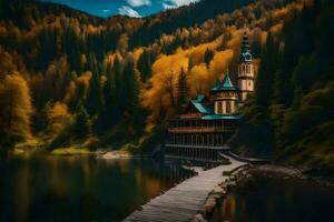 ein Kirche ist auf ein Dock im das Mitte von ein See. KI-generiert foto