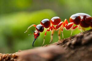 ein rot Ameise ist Gehen auf ein Baum Stamm. KI-generiert foto