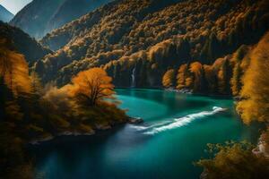 Herbst Landschaft mit ein Wasserfall und Bäume. KI-generiert foto