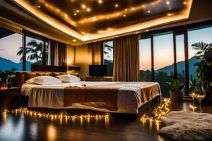ein Schlafzimmer mit ein Bett und Beleuchtung auf das Decke. KI-generiert foto