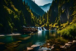 ein Wasserfall im das Mitte von ein Wald. KI-generiert foto