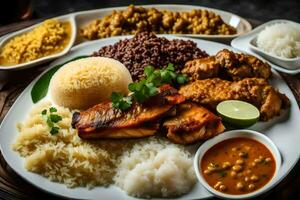 ein Teller von Essen mit Reis, Fleisch und andere Zutaten. KI-generiert foto