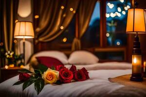 ein Bett mit ein Kerze und Rosen auf Es. KI-generiert foto