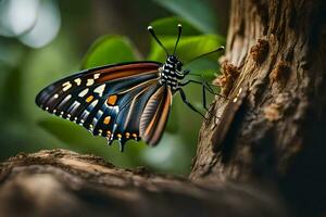 ein Schmetterling ist Sitzung auf ein Baum Stamm. KI-generiert foto