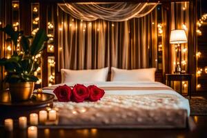 ein Bett mit Kerzen und Rosen im Vorderseite von ein Vorhang. KI-generiert foto