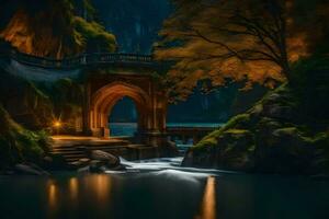 ein Brücke Über ein Fluss beim Nacht. KI-generiert foto