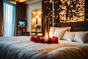 ein Bett mit Rosen und Kerzen im Vorderseite von ein Nachttisch. KI-generiert foto
