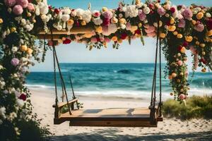 ein schwingen auf das Strand mit Blumen hängend von Es. KI-generiert foto