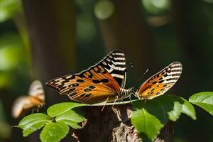 zwei Schmetterlinge sind Sitzung auf oben von ein Baum Stamm. KI-generiert foto