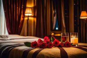 ein Bett mit Rosen und Kerzen im ein Zimmer. KI-generiert foto