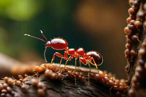 ein rot Ameise ist Stehen auf ein Ast mit viele braun Ameisen. KI-generiert foto